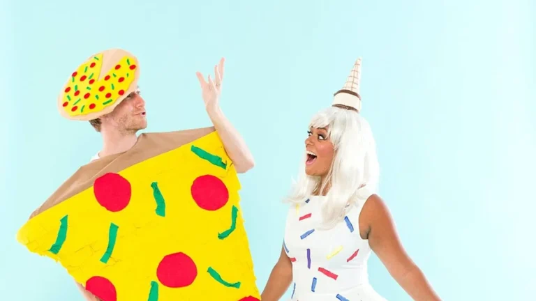 Couple in homemade couples Halloween costumes, a felt pizza slice with pizza hat and a sprinkle dress ice cream cone