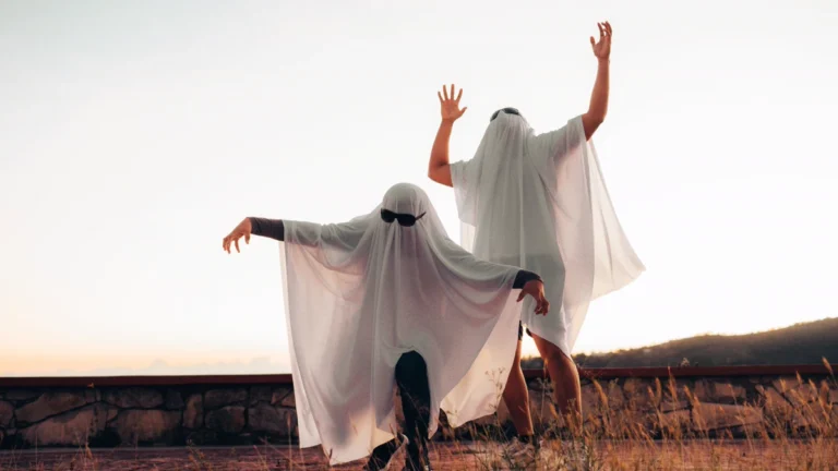 DIY Halloween Costumes: 8 Solo Builds in 3 Time Tiers 2 Two people in DIY Halloween costumes made from white bedsheets with sunglasses, posing outdoors at sunset