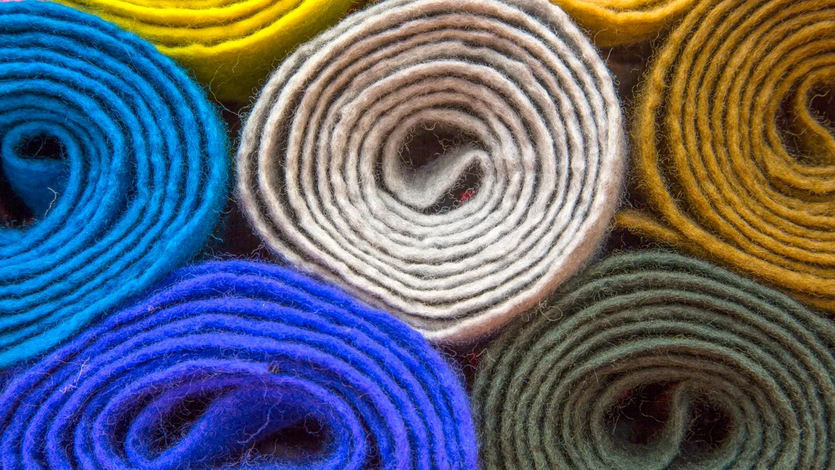 Rolled felt in blue, cream, mustard and green stacked as craft supplies Rolls of colored felt in blue, cream, mustard and green, the main material for easy trio costumes like pig ears and monkey hands