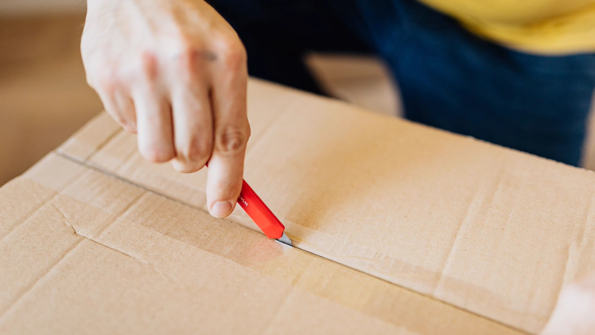 Hand running a red utility knife along a fold line on a corrugated shipping box Hand drawing a red utility knife along the flap seam of a corrugated box, the same motion used to score board before bending